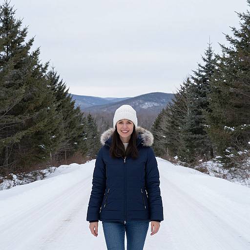 Photograph of a smiling woman in a black winter coat with fur hood, white beanie, and blue jeans, standing on a snowy path flanked