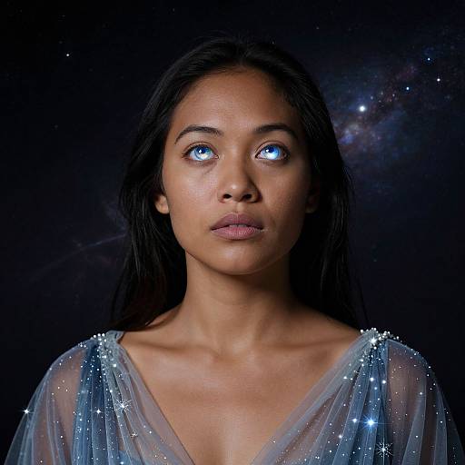 Photograph of a young South Asian woman with glowing blue eyes, long black hair, wearing a sheer, star-studded blue robe, against a dark