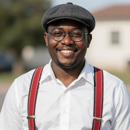 Smiling African-American Man in Red Suspenders