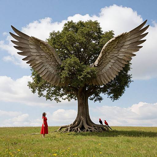 Photograph of a large tree with gray feathered wings, standing in a grassy field. Two people in red clothes stand near roots, while two