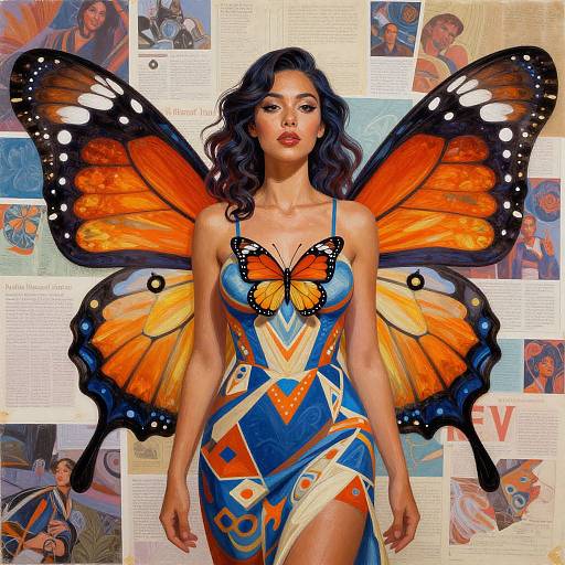 Digital artwork of a beautiful woman with dark wavy hair, orange and black butterfly wings, and a colorful geometric dress, standing against a collage of magazine