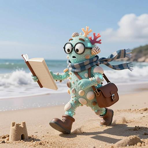 Anthropomorphic Coral Scholar Reading on Beach