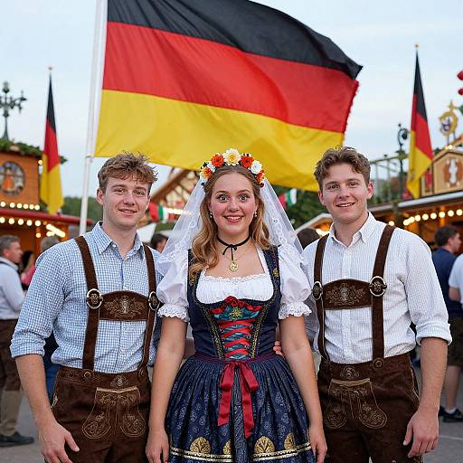 Photograph of three young adults in traditional German attire, with a woman in a dirndl and floral crown, flanked by two men in leder