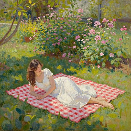 A woman with wavy brown hair, in a white dress, lounges on a red-and-white checkered blanket in a sunlit garden with pink