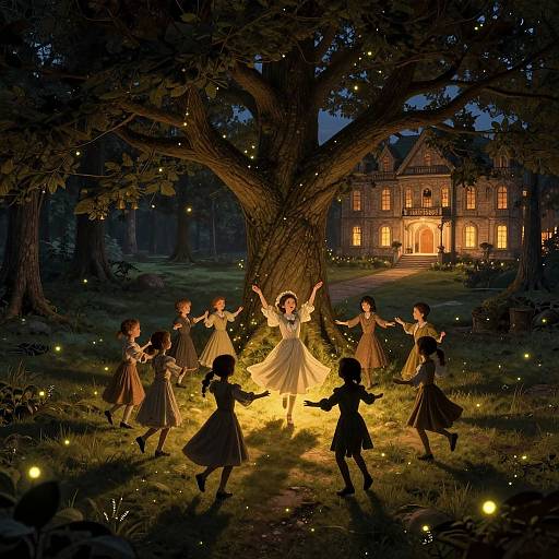 Digital illustration of a glowing fairy tale scene: a girl in a white dress dances with silhouetted children under a magical tree, illuminated by fire