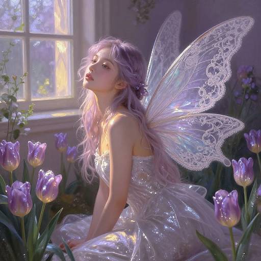 Photograph-style digital art of a pale-skinned fairy with lavender hair, translucent wings, and a shimmering white dress, sitting amidst purple tulips
