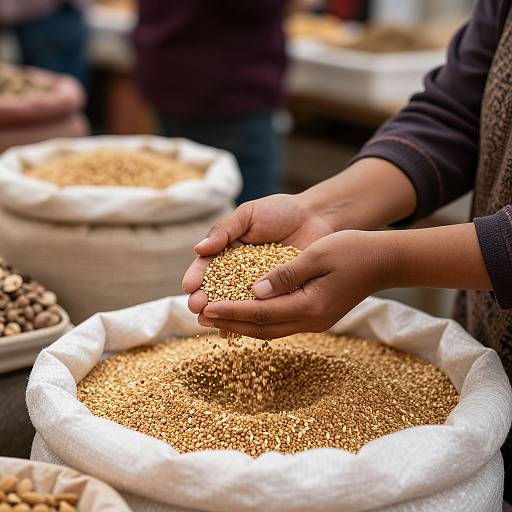 Photograph of hands gently pouring brown rice grains into a white, circular sack at a market stall, with blurred sacks in the background.