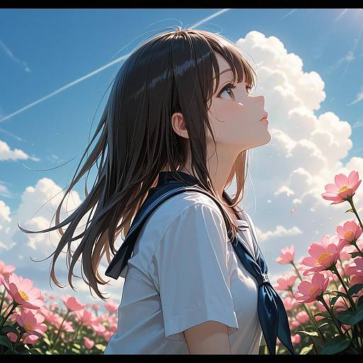 Schoolgirl in Blooming Sunlit Day