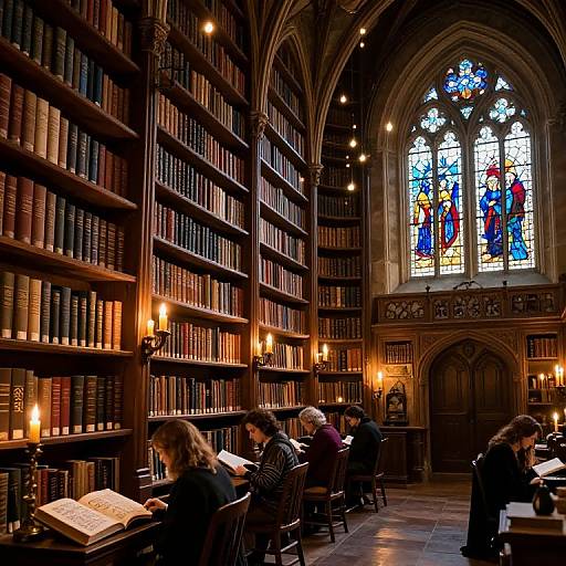 Photograph of a dimly-lit, Gothic-style library with tall wooden bookshelves, stained glass window, and five people reading or writing at