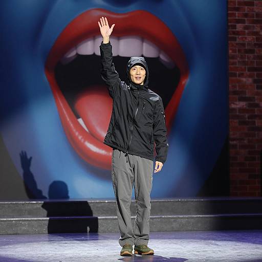 Dynamic Stage Performer with Colorful Backdrop