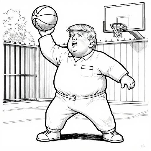 Black-and-white cartoon drawing of a chubby man with short hair, wearing a shirt and pants, dribbling a basketball on a outdoor court near a fence