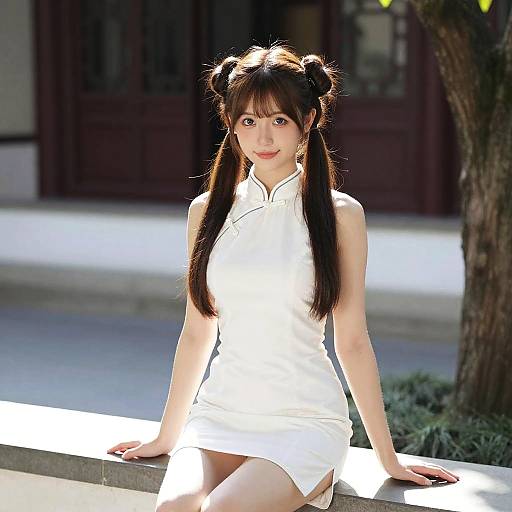 Young Woman in White Cheongsam Sitting Outdoors