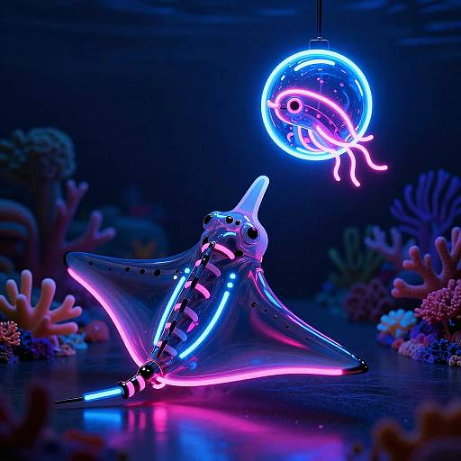Neon-lit shark model with glowing blue and pink accents, chasing a neon jellyfish above vibrant, colorful coral reef backdrop. Photorealistic neon