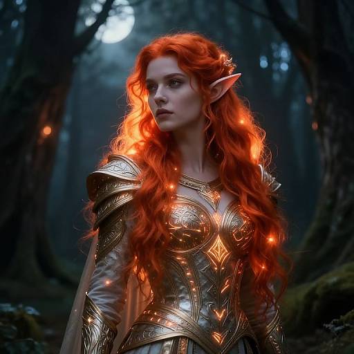 Digital artwork of a red-haired elf woman with glowing hair, wearing intricate gold armor, standing in a dark, misty forest.