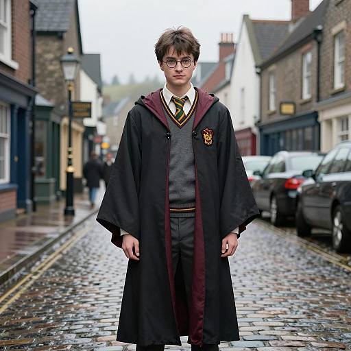 Young Man in Harry Potter Costume on Cobblestone Street