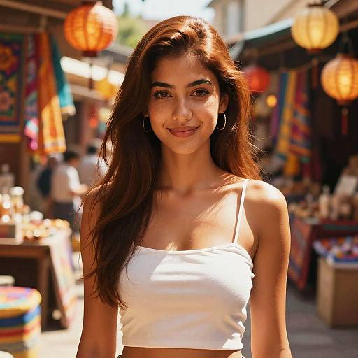 Photograph of a smiling young woman with long brown hair, wearing a white crop top, standing in a vibrant, sunlit market with colorful lanterns