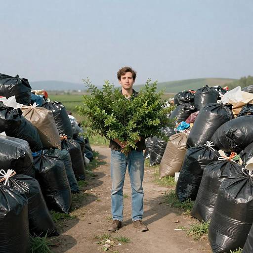 Man with Bush Amidst Garbage Bags