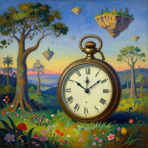 Fantasy painting: oversized pocket watch with Roman numerals, floating islands, colorful flowers, and whimsical trees in a vibrant, surreal landscape.