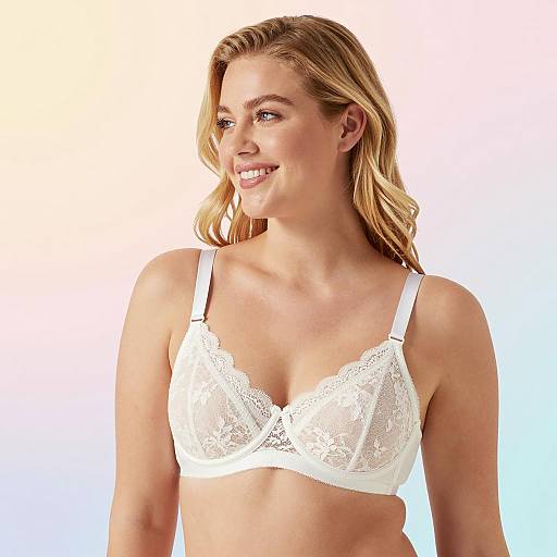 Smiling Blonde Woman in White Lace Bra