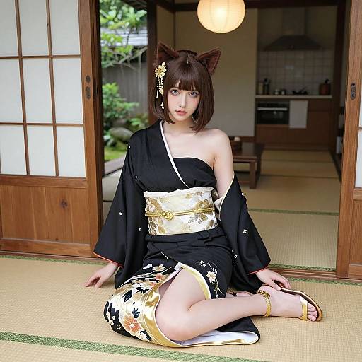 Victorian Girl in Elegant Kimono and Egyptian Gown