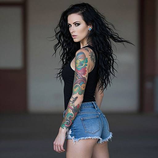Photograph of a tattooed woman with long black hair, wearing a black tank top and frayed denim shorts, standing in a dimly lit,