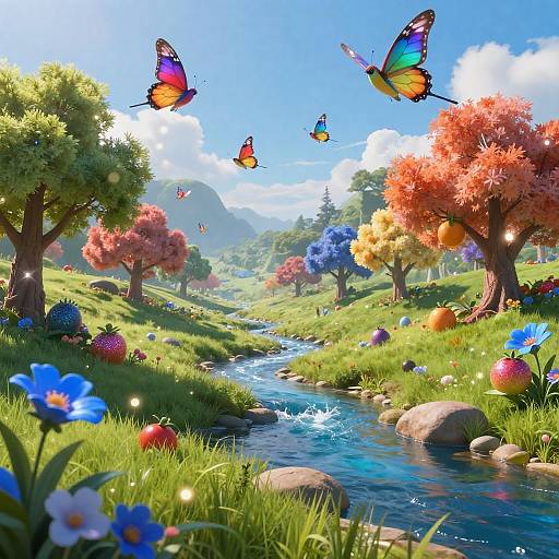 Fantasy Landscape with Colorful Trees and Butterflies