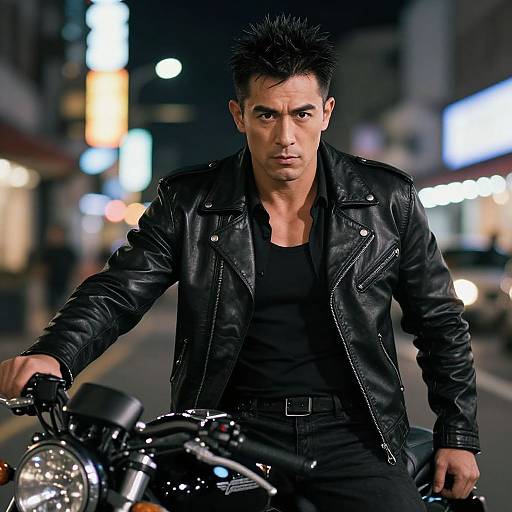 Man in Leather Jacket on Motorcycle at Night