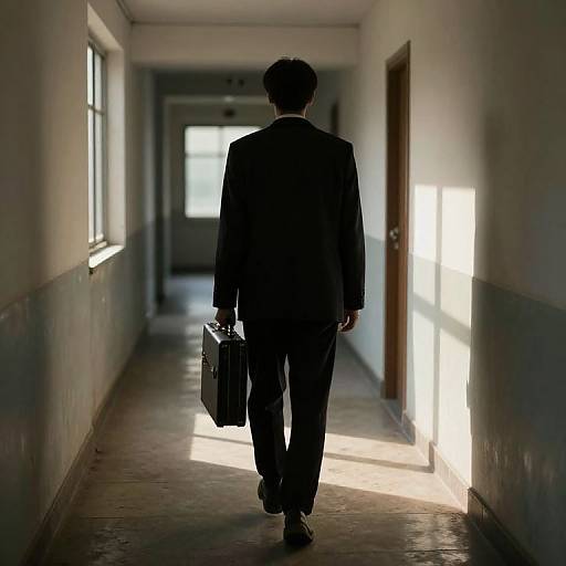 Silhouetted man in a suit, carrying a briefcase, walks down a dimly lit, sunlit hallway, leading to a brightly lit