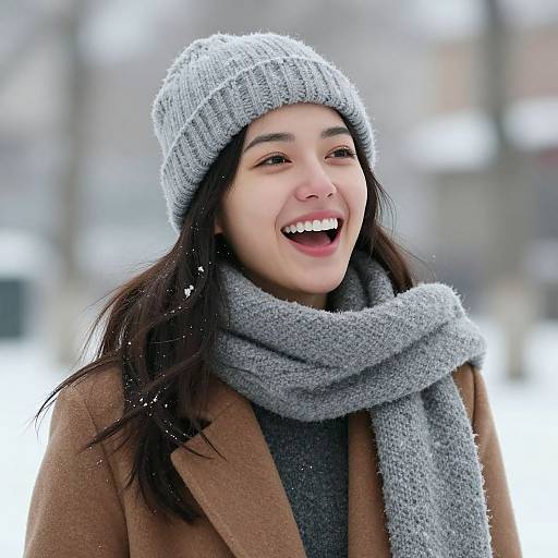Photograph of a smiling young woman with long dark hair, wearing a gray knit beanie, scarf, and brown coat, standing in a snowy urban
