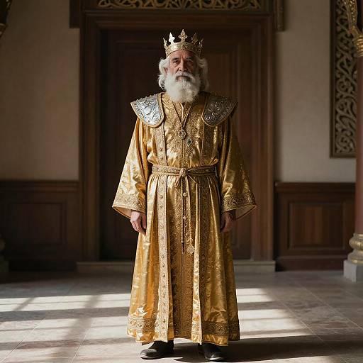 Elderly man with white beard, wearing gold regal robe, ornate silver shoulder pieces, and crown, stands in dimly lit, pattern