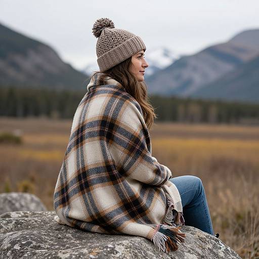 Photograph of a woman with long brown hair, wearing a beige knit hat and plaid blanket, sitting on a rock in a mountainous field.