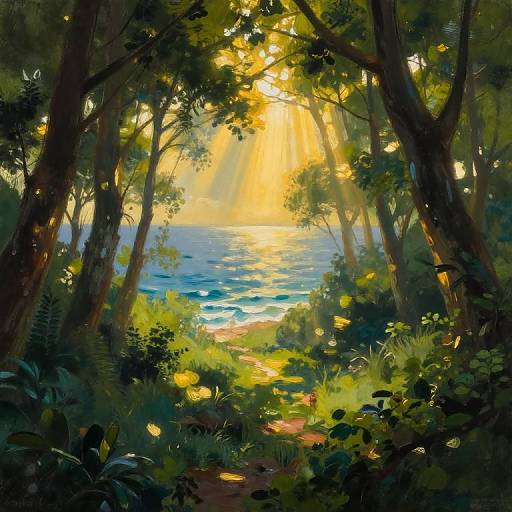 Digital painting of a sunlit forest clearing leading to a shimmering blue lake, with sunlight beams piercing through tall trees, vibrant green foliage, and a