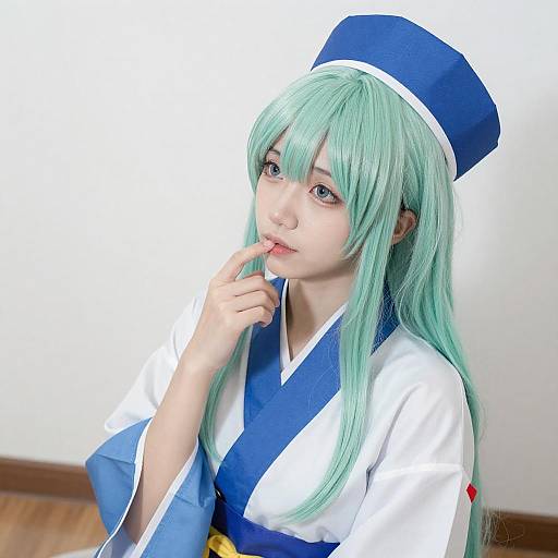 Shy Woman in Japanese-Inspired Outfit