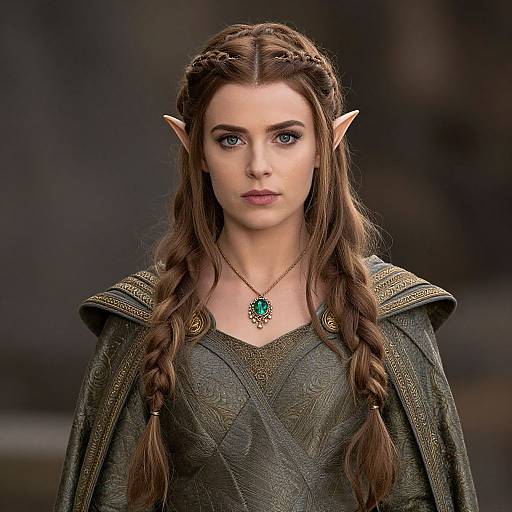 Photorealistic CGI of an elf woman with long brown braids, pointed ears, green gemstone necklace, and ornate medieval gown.