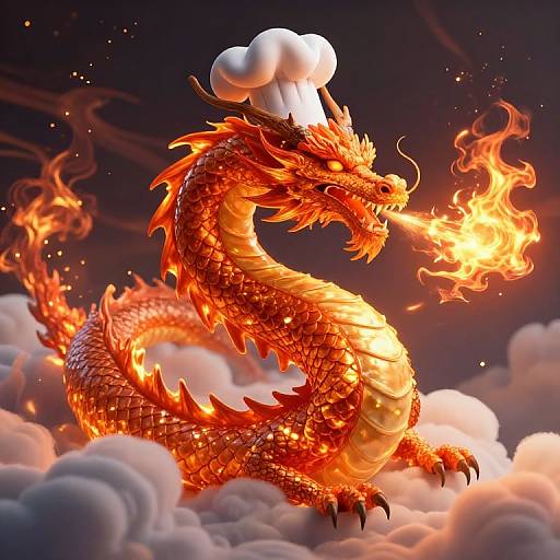 Digital art of a fiery, dragon with glowing orange scales and white chef hat, breathing flames while soaring through fluffy clouds.