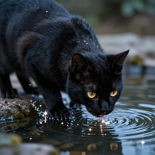 Photograph of a sleek, black cat with glowing yellow eyes drinking from a reflective pond, creating ripples and sparkling water droplets.