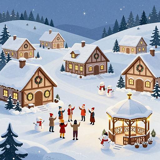 Digital illustration of a snowy village at night, featuring warmly lit wooden houses with wreaths, Christmas carolers, a snowman, and a market