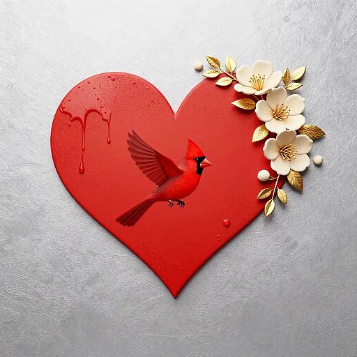Red Heart with Ivory Flowers and Cardinal