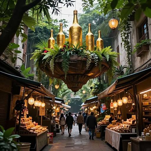 Photograph of a bustling night market with golden lanterns, hanging planters, and illuminated food stalls under a canopy of trees.