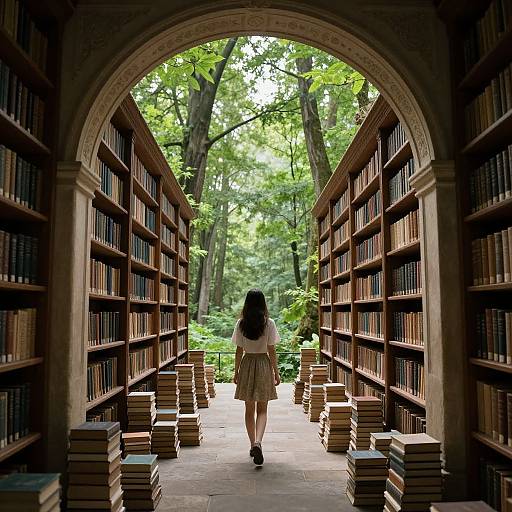 Photograph of a woman with long black hair in a white top and green skirt, walking away through a forest-like library archway, surrounded by stacked