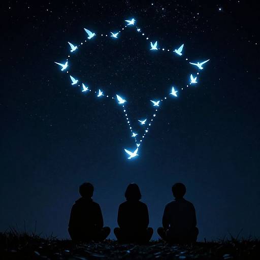 Silhouetted trio sits in grass, gazing at a constellation of glowing blue butterflies in a starry night sky. Digital art.