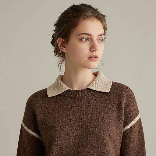 Photograph of a young woman with fair skin and blue eyes, wearing a brown knitted sweater with a cream collar and sleeves, gazing to the