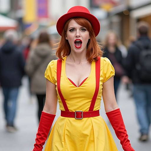 Photograph of a red-haired woman in a yellow dress with red suspenders, gloves, and hat, shouting in a bustling city street.