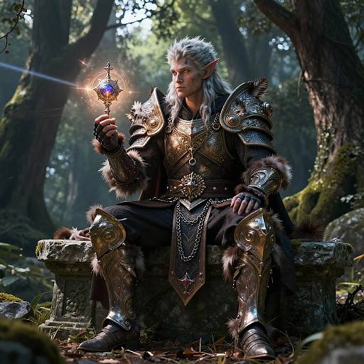 Digital fantasy artwork of a white-haired, elven mage in ornate, metallic armor, holding a glowing, magical orb, seated on a mossy