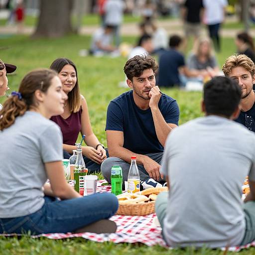 Photograph of a diverse group of young adults having a picnic on a red-and-white checkered blanket in a park, smiling and chatting, with food