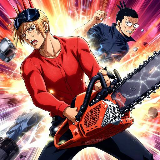 Dynamic anime-style illustration of two muscular men: blonde in red shirt wielding chainsaw, black-haired in dark jacket with intense expression, surrounded by explosive,