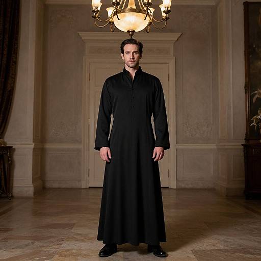 Photograph of a serious-looking man with dark hair, wearing a long black robe, standing in an elegant, dimly lit room with a chandelier