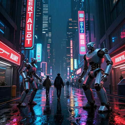 Neon-lit cyberpunk street at night, two robotic figures stand on wet pavement, silhouetted person walks between bright red and blue vertical