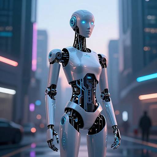 Slim AI Robot in Cyberpunk City