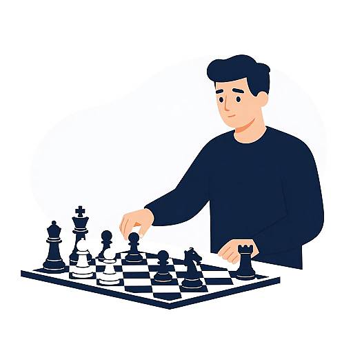 Digital illustration of a man with short black hair, wearing a black long-sleeve shirt, playing chess, with black and white pieces on a check
